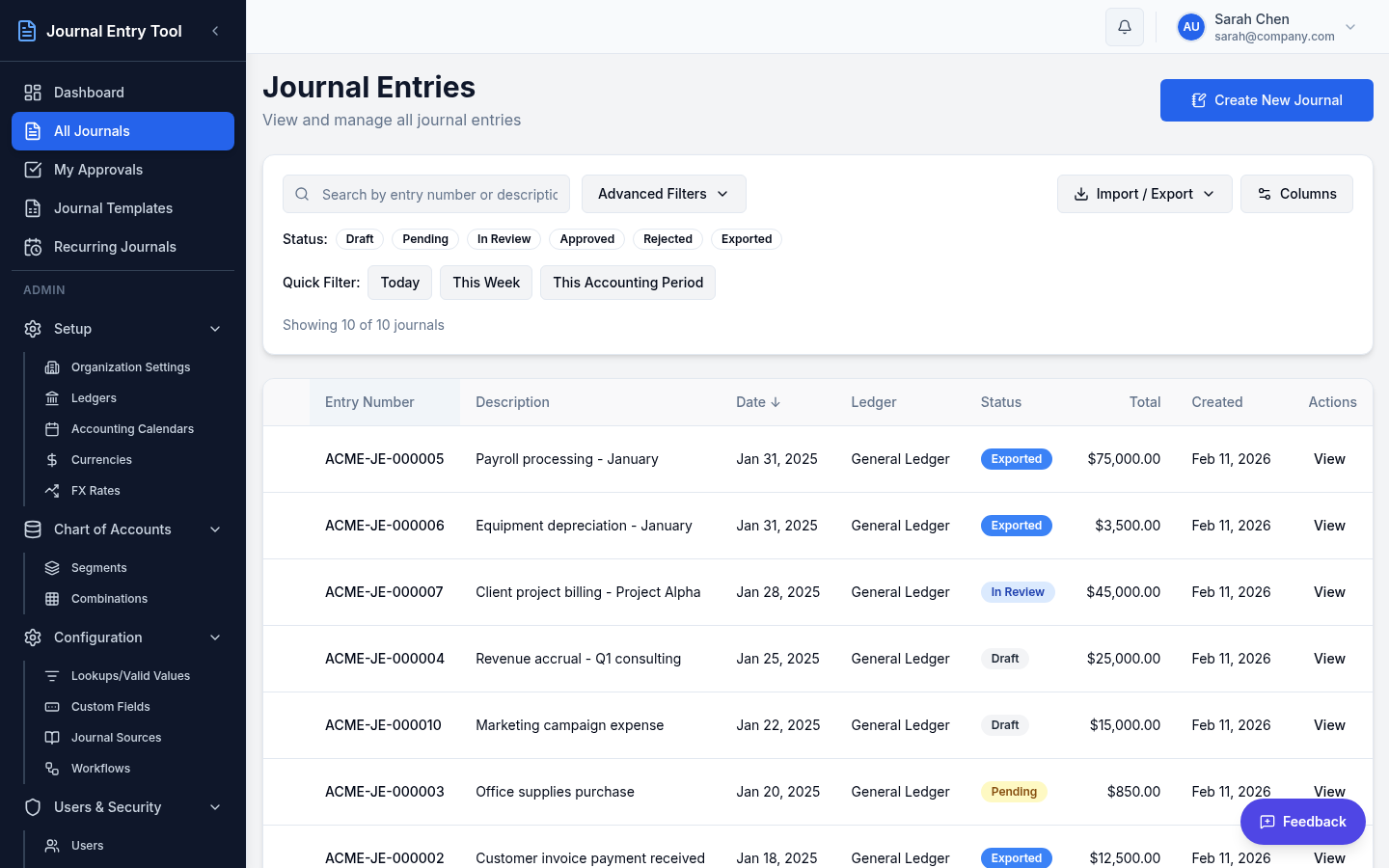 Journal entries list view with filters, status badges, and management tools
