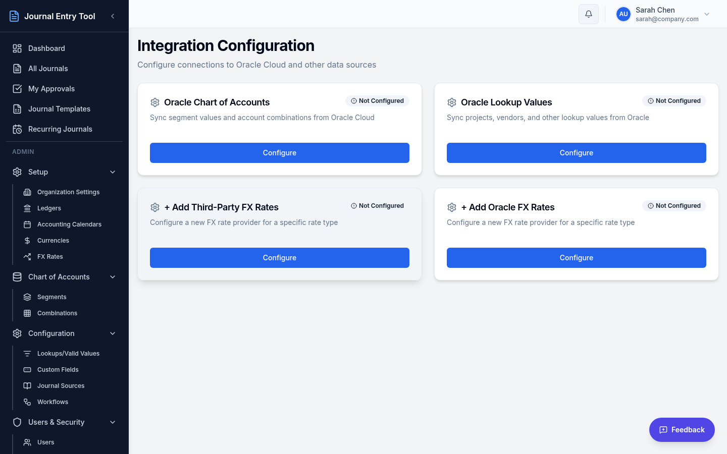 ERP integrations configuration showing Oracle FBDI export settings