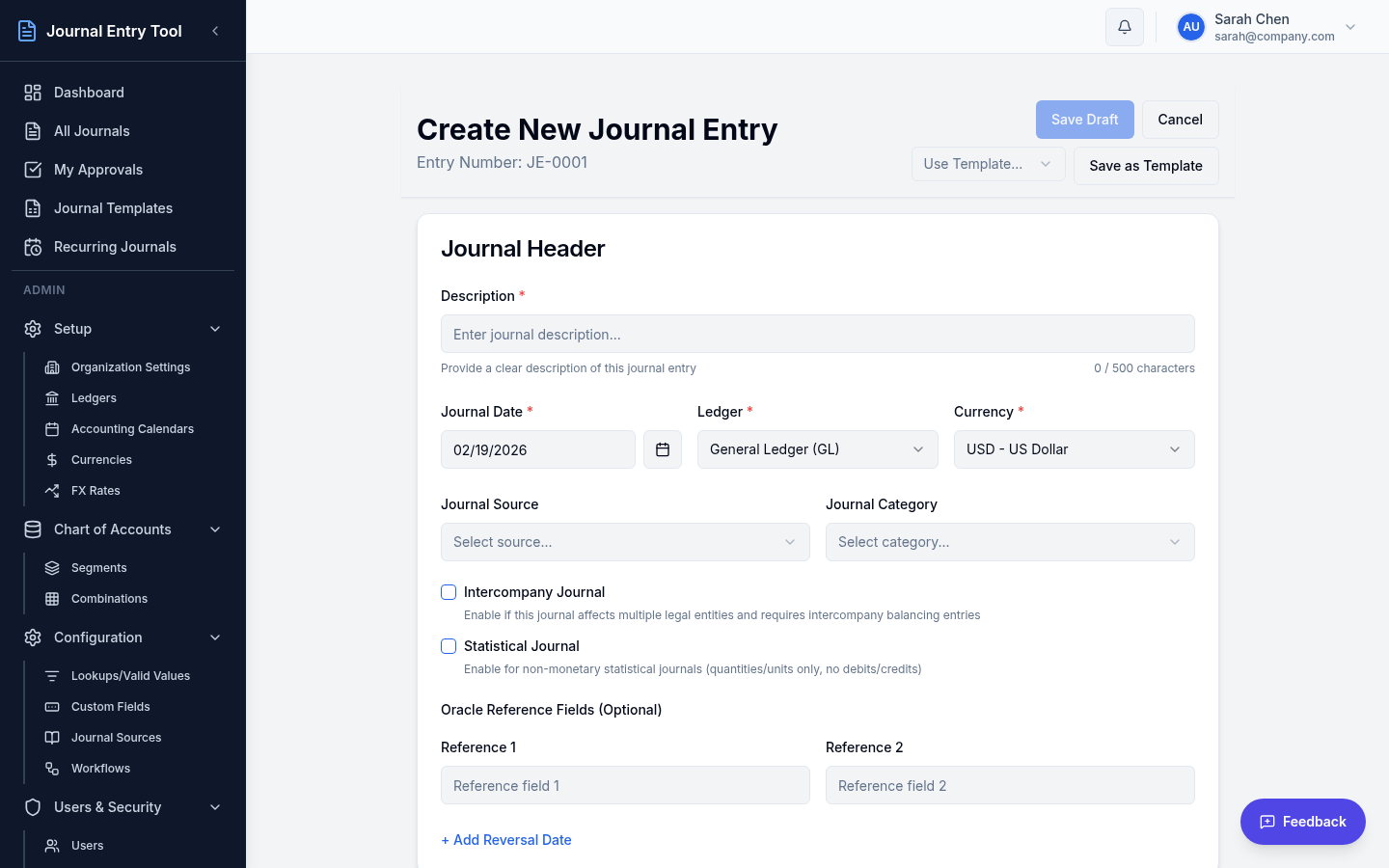 Journal creation form with line entry and chart-of-accounts segment fields
