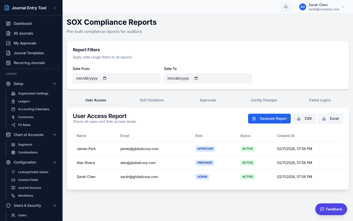 SOX Compliance Reports with User Access, SoD Violations, and Approvals tabs