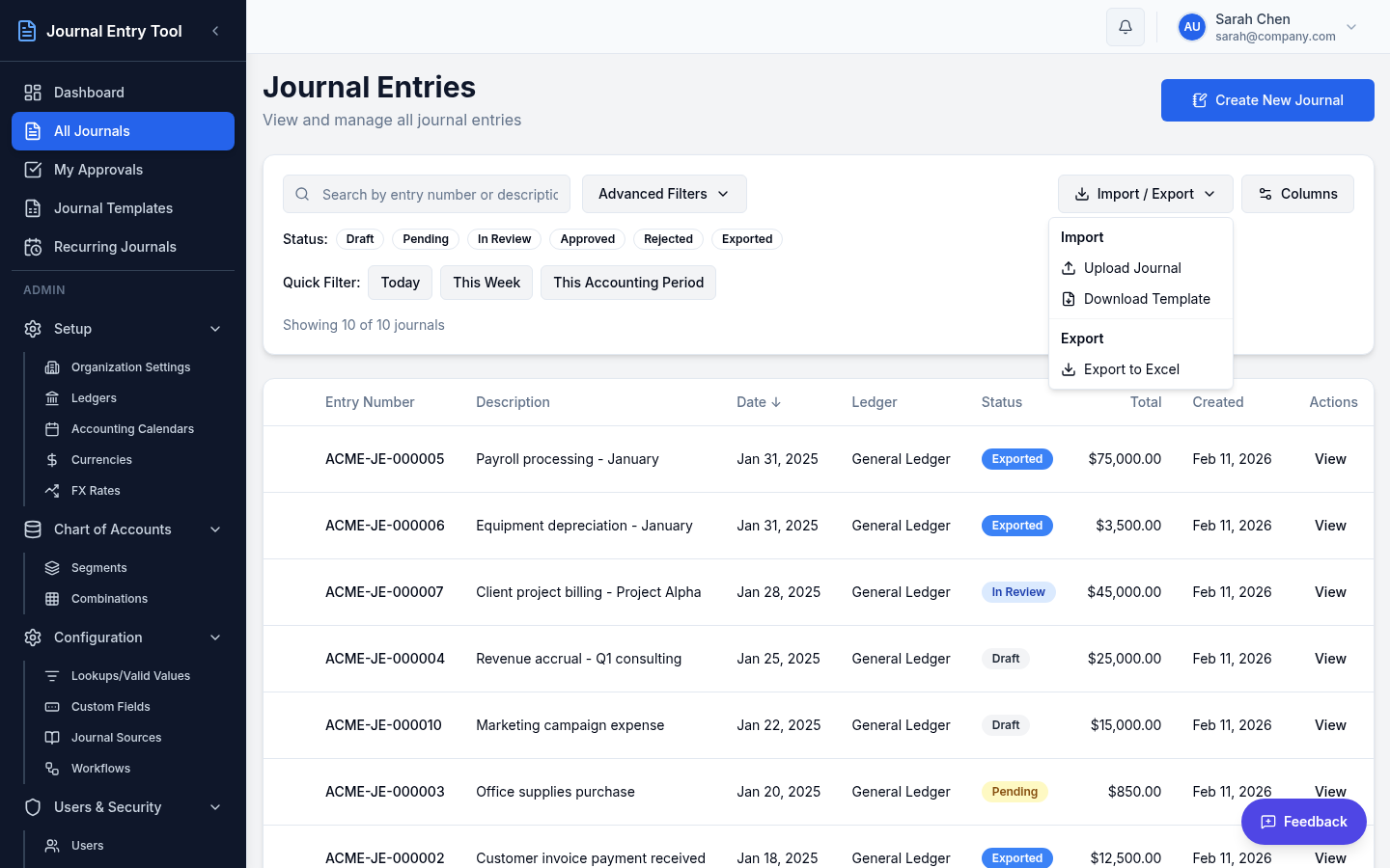 Journal entries list with Import/Export dropdown showing export options