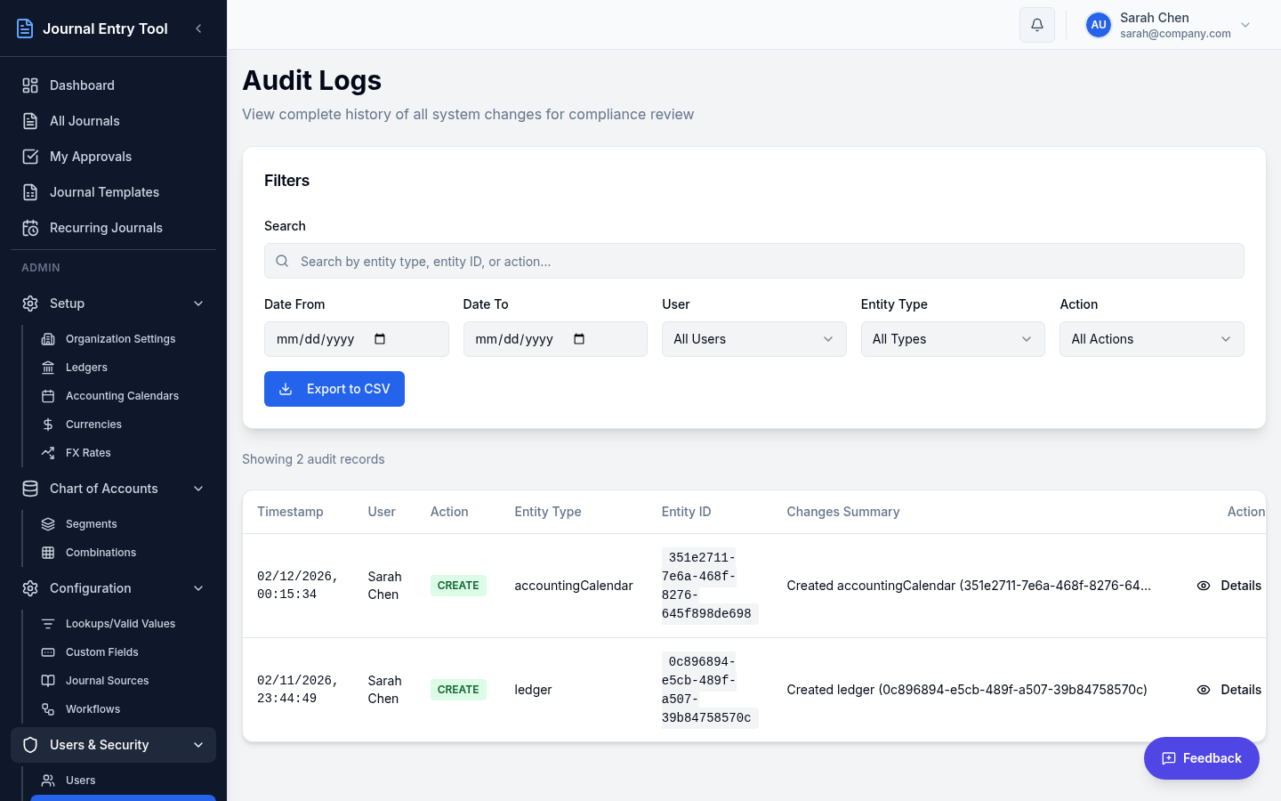 Audit log table listing timestamped user actions with before and after values